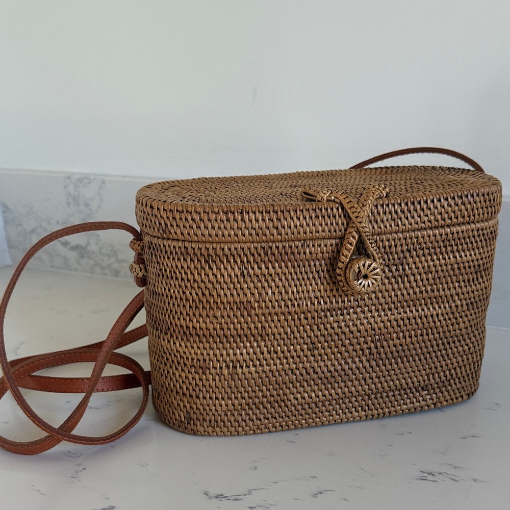 Bali Rattan Bohemian Woven Bag with Leather Crossbody Strap